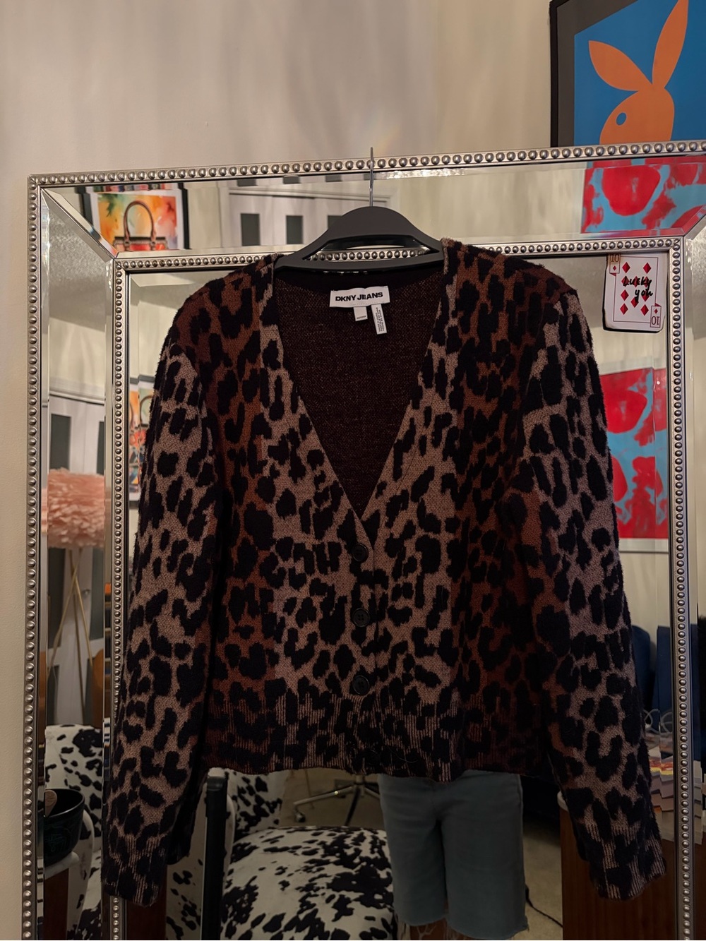 DKNY Leopard Print Brown and Black V-Neck Cardigan